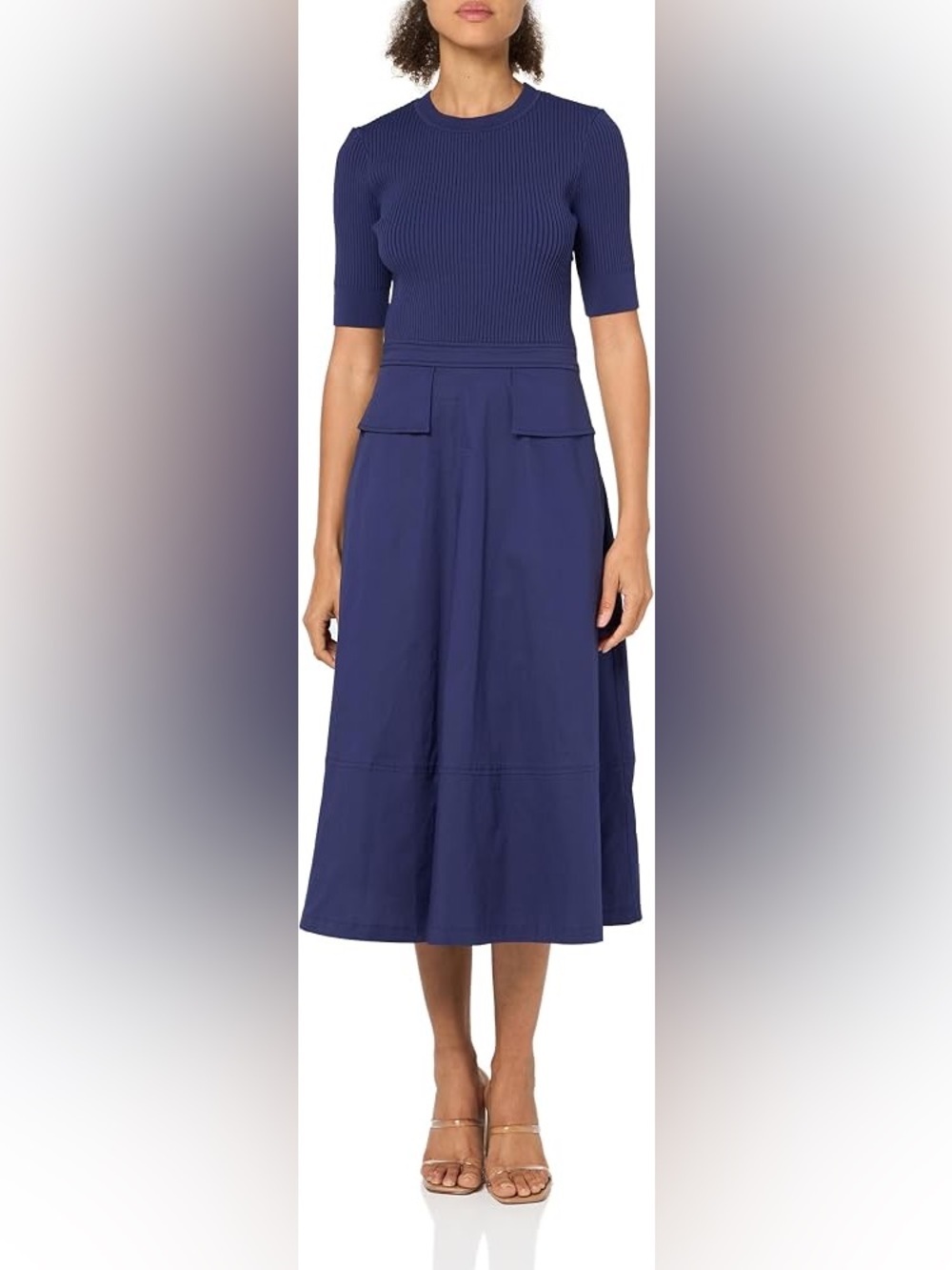 Shoshanna Women's Poplin Combo Knit Harriet Dress in navy size large NWT